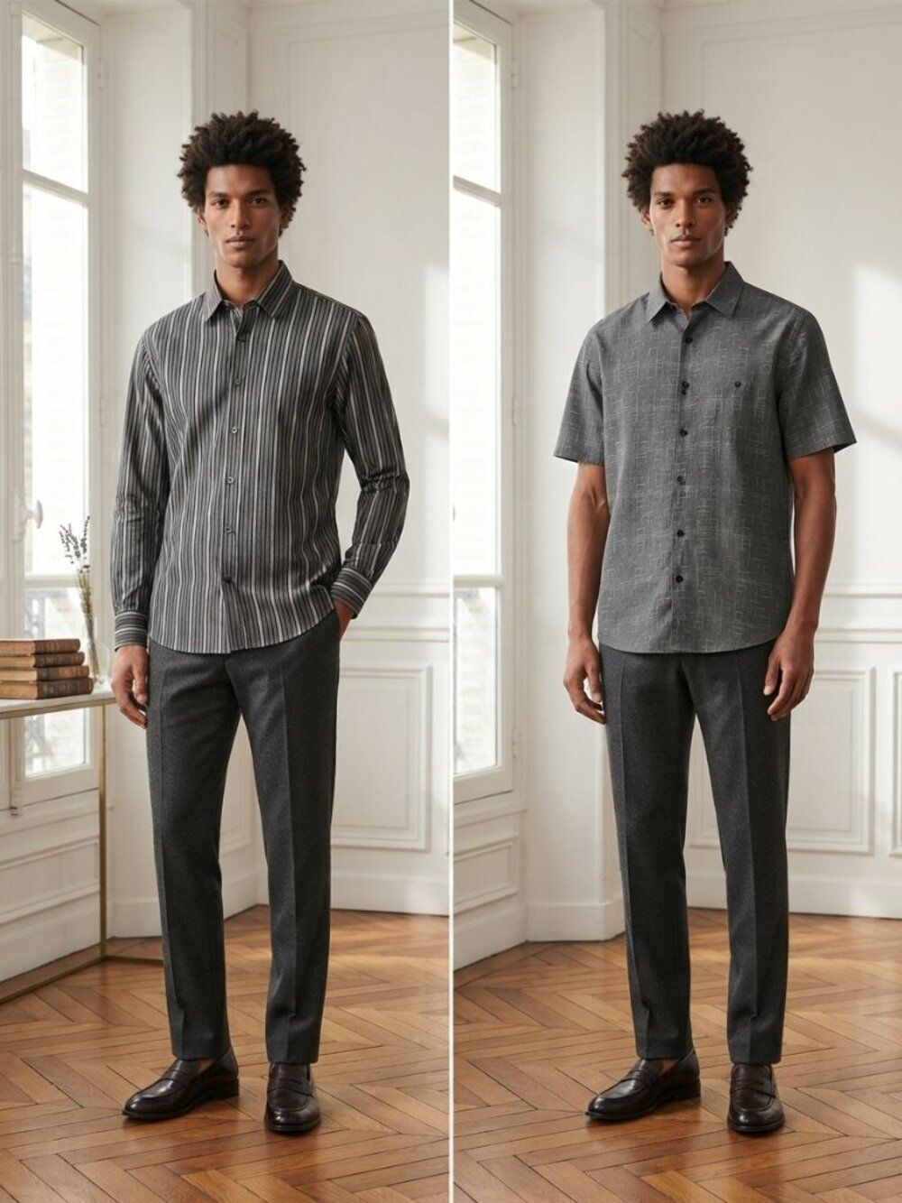 Men's Grey Patterned Short & Long Sleeve Shirts - Classic Button-Up Sz Large